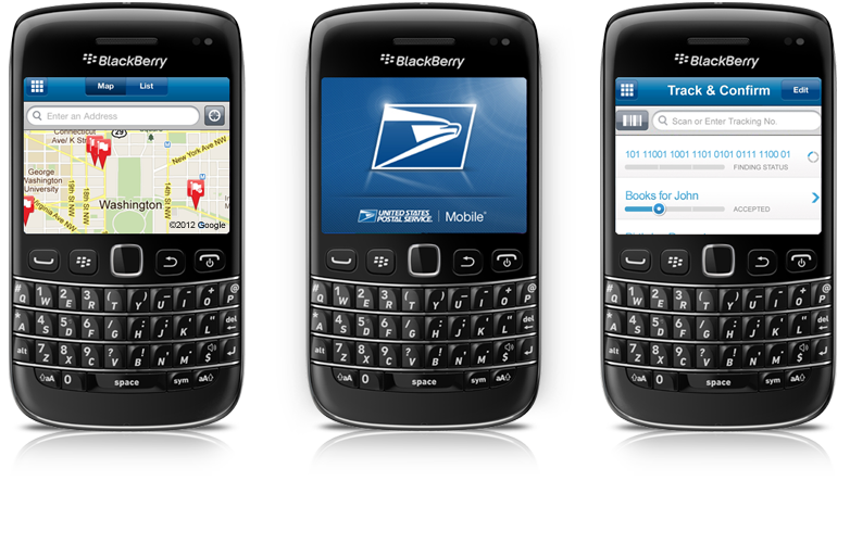 Tres teléfonos BlackBerry con instantáneas de diferentes herramientas de USPS.com.