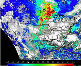 Aerosol optical depth map of pollution over the United States