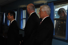 Secretary Locke, Congressman Crowley and Congressman Reichert being briefed at the DMZ