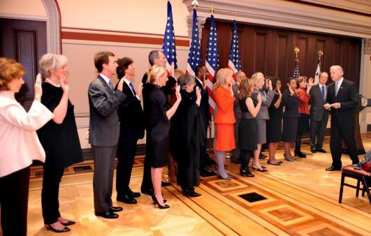 Vice President Biden congratulates the first group of appointed members. 
Photo by Steven Purcell 