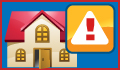 graphic icon of a house with a warning sign on top of its right side