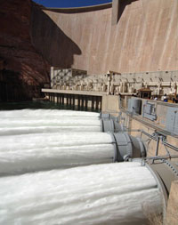 photo: water being released through river outlet tubes