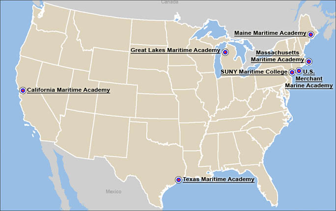 Map of the United States showing the approximate locations of each Maritime Academy. Click on an academy name to view contact information for that academy.