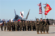 Marines with Marine Fighter Attack Squadron 115, execute rifle manual commands during a change of command ceremony at Marine Corps Air Station Beaufort, Jan. 18. During the change of command ceremony, Lt. Col. Matthew H. Phares relinquished command of VMFA-115 to Lt. Col. Justin W. Knox who was previously serving as VMFA-115