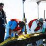 workers work with oiled boom