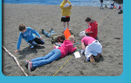 Photo of children taking measurements and learning on the beach.