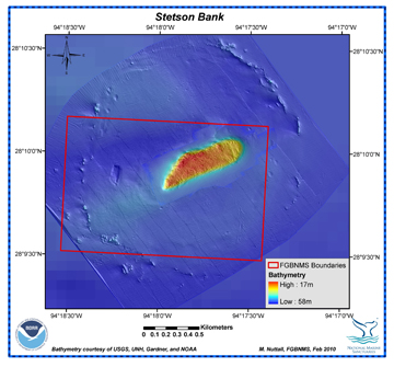 Bathymetric map of the sea floor at Stetson Bank. Shallowest areas are shown in red, with deeper areas progressing through orange, yellow, light blue, and dark blue as the terrain gets deeper.
