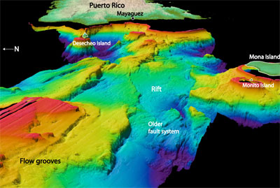 perspective view of the bathymetry of the Mona Passage