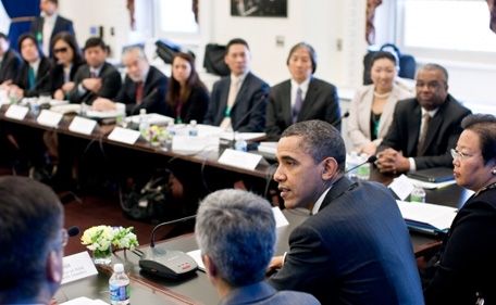 President Barack Obama drops by an Asian American &amp; Pacific Islander Initiative (AAPI) meeting in the Eisenhower Executive Office Building, March 14, 2011. (Official White House Photo by Pete Souza)