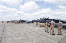 Marine Student Naval Aviators from Naval Air Station Corpus Christi (NASCC) and Naval Air Station Kingsville (NASK) get a first-hand look at two F/A-18D Hornets and two AV-8B Harriers flown into NASK for a static display. The Hornet and the Harrier are two of the aircrafts these student aviators may fly after they complete their aviation training and earn their wings of gold.