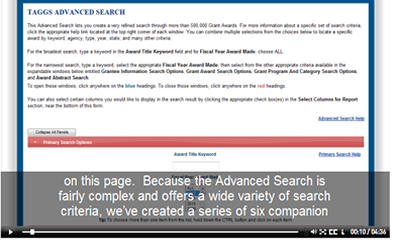 image of Advanced Search Video Help screen