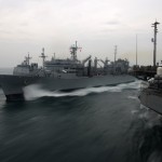 Underway replenishment with USNS Bridge, USS Mobile Bay and USS John C. Stennis