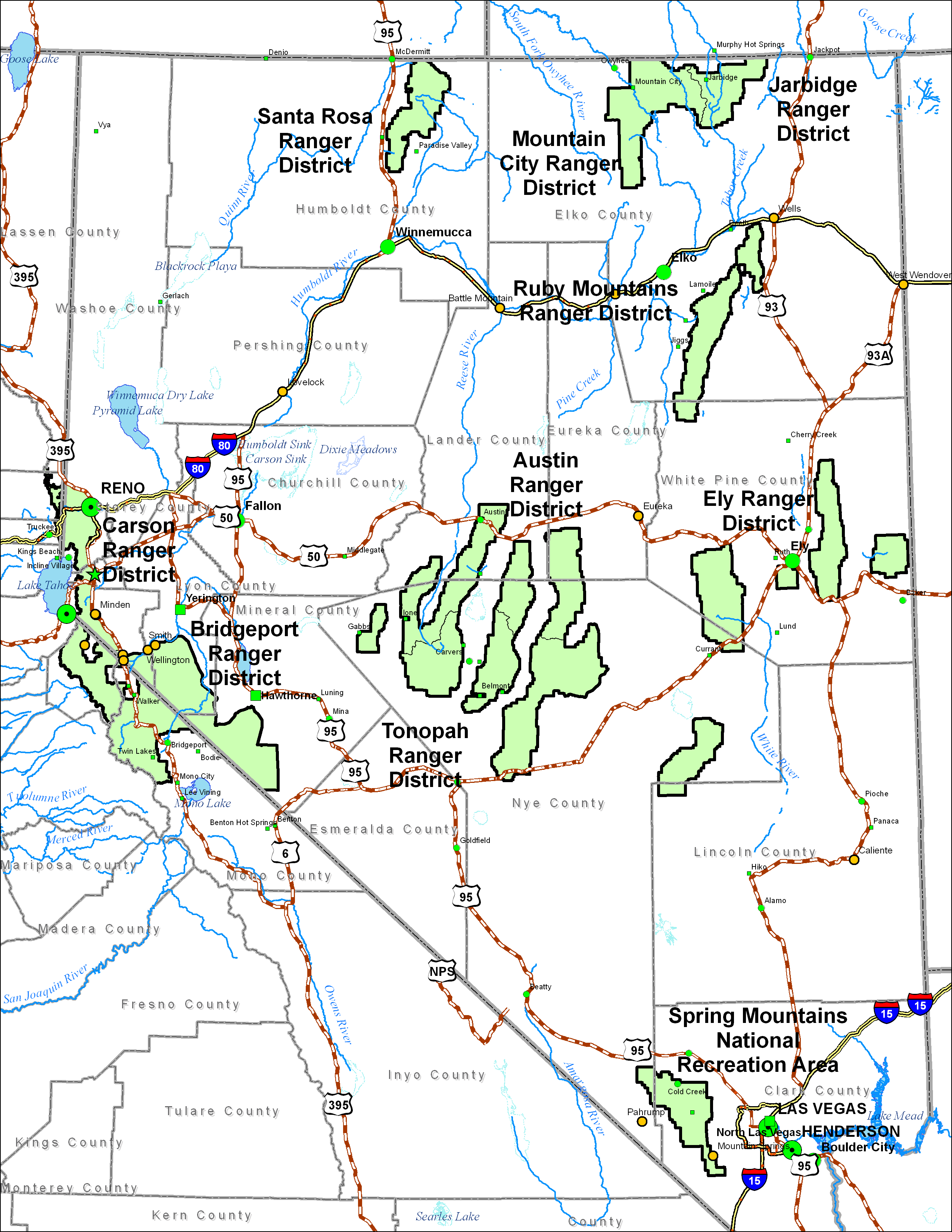 This map shows major highways and has distinct views of the ranger districts.