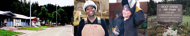 Collage of center campus, students working, and center sign
