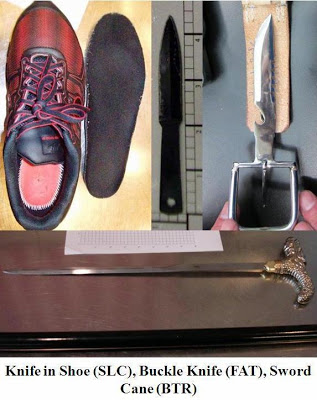 Loaded 45. caliber pistol discovered hidden under the lining of a carry-on bag at Charlotte (CLT). Two inch knife detected under sole of shoe at Salt Lake City (SLC). Belt buckle knife discovered at Fresno (FAT). A cane sword discovered at Baton Rouge (BTR).
