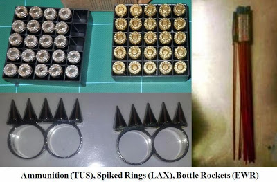 Ammunition, spiked rings, and bottle rockets. 
