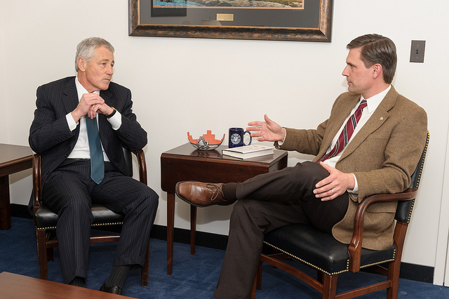 Hagel and Heinrich meet to discuss issues impacting New Mexico, especially as they relate to the future of  our defense installations, national laboratories, and the well-being of our military families, February 6, 2013.