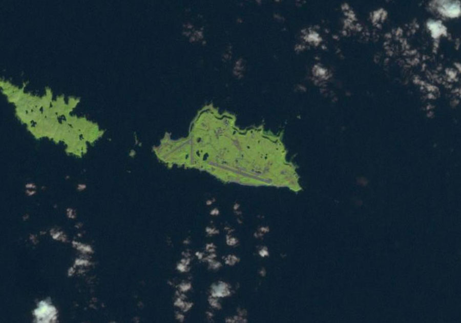 Landsat 7 ETM+ image displaying Shemya Island with Eareckson Air Station, acquired October 8, 2003.