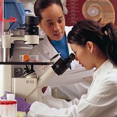 Photo of a researcher looking into a microscope