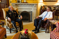 Speaker John Boehner meets with General Martin Dempsey, chairman of the Joint Chiefs of Staff, to discuss fiscal challenges, Afghanistan, and cybersecurity. February 5, 2013.  (Official Photo by Heather Reed)

--
This official Speaker of the House photograph is being made available only for publication by news organizations and/or for personal use printing by the subject(s) of the photograph. The photograph may not be manipulated in any way and may not be used in commercial or political materials, advertisements, emails, products, promotions that in any way suggests approval or endorsement of the Speaker of the House or any Member of Congress.