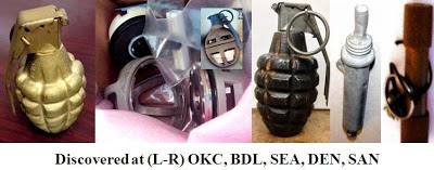 Four grenades discovered at OKC, BDL, SEA, DEN, SAN