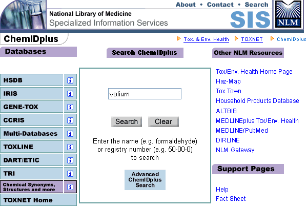 ChemIDplus Lite input page