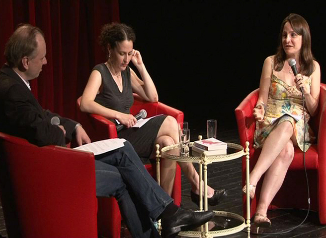 Moderator Gregor Dotzauer vom Tagesspiegel mit  Fiona Maazel und Karen Russell
