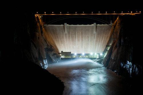 Spectacular Night View of 2012 Glen Canyon Dam Experimental High Flow. Watch the video:  http://on.doi.gov/SVjwva  Photo Credit: Andy Pernick, Bureau of Reclamation