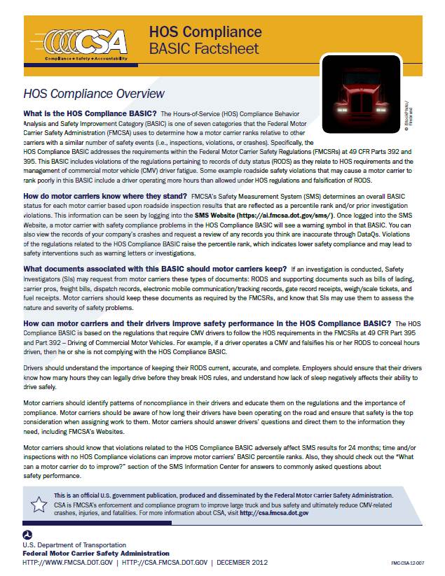 Hours-of-Service (HOS) Compliance BASIC Factsheet