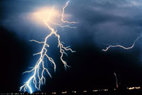 Multiple lightning strokes observed during night-time thunderstorm.