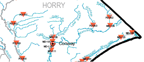 Locations of DHEC Sites as part of the ambient surface water quality monitoring network in Horry County.