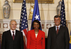 Secretary Rice speaks during joint press availability with Kosovo President Fatmir Sejdiu, left, and Kosovo Prime Minister Hashim Thaci. [© AP Images]