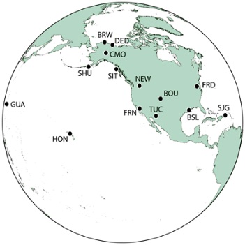 Map of USGS Magnetic observatory locations.