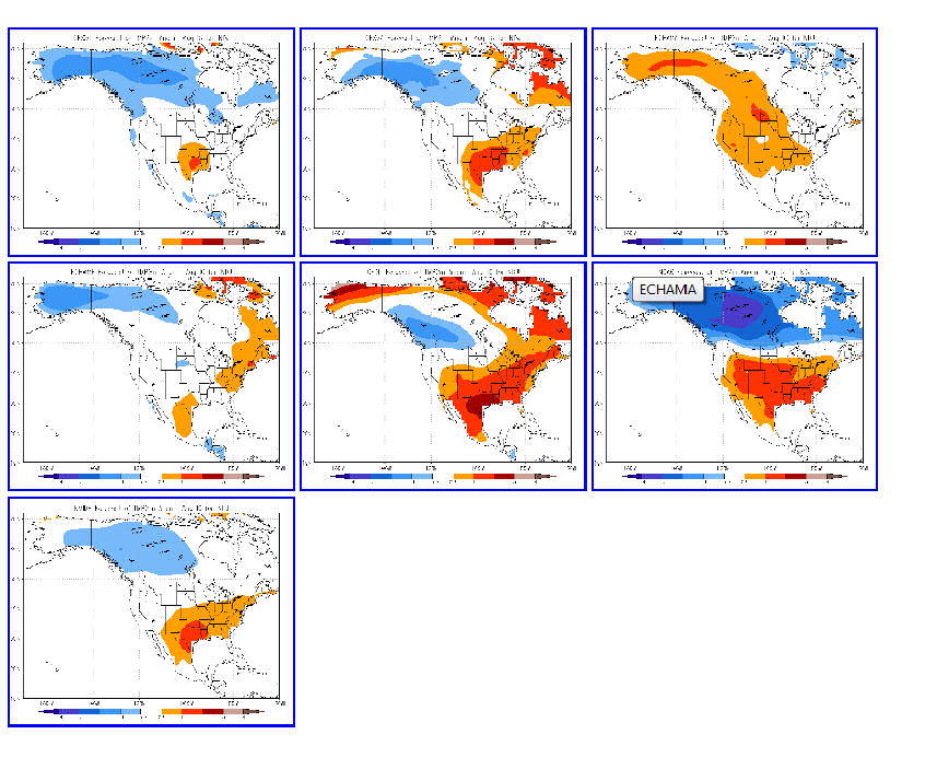 Winter 2011-12 2-meter temperature anomalies from 6 different models and the multi-model mean (lower left corner) for North America.  Red (blue) indicates above (below) average temperatures.
