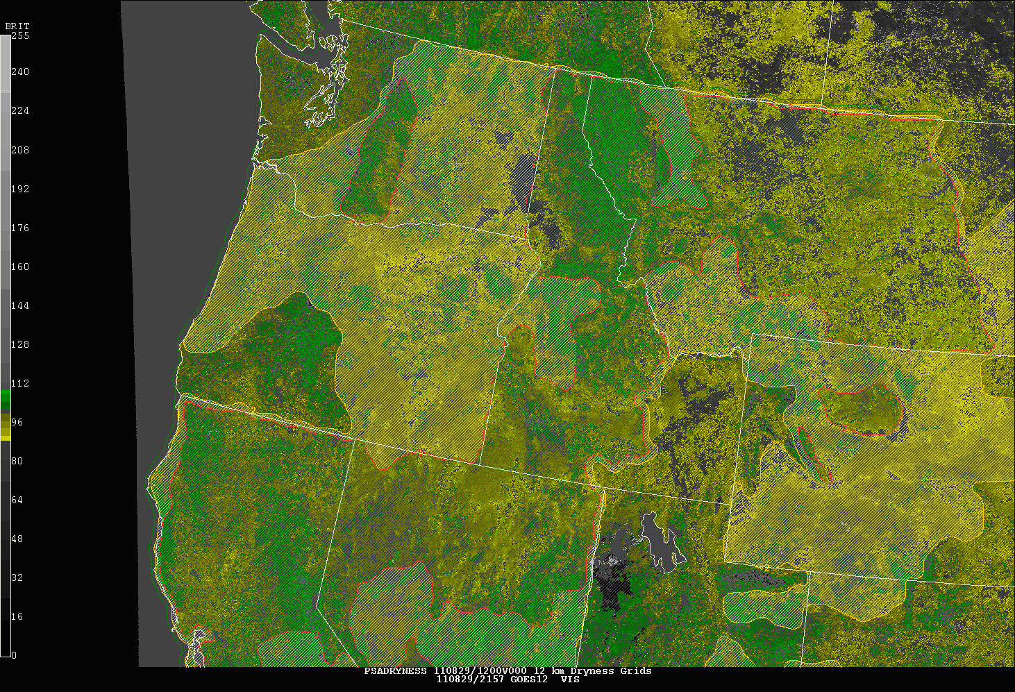 Fig. 3 – Experimental 14-day NDVI change composite with operational Predictive Service Area (PSA) dryness product overlaid.  Areas of yellow and red indicate availability of dry fuels.