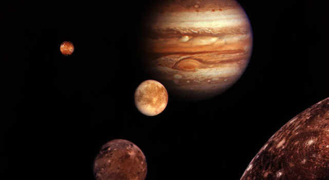 Montage of Jupiter and some of its moons