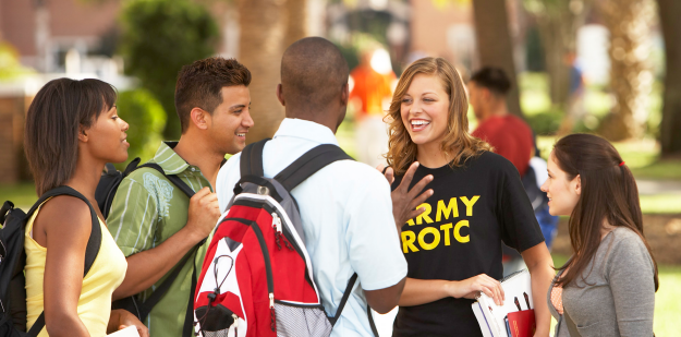 ROTC Cadets talking to friends on campus