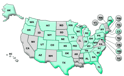 Alabama, Alaska, Arizona, Colorado, Florida, Georgia, Iowa, Kansas, Kentucky, Maine, Maryland, Michigan, Minnesota, Missouri, Montana, New York, Nebraska, Ohio, Oklahoma, Oregon, South Carolina, Tennessee, Texas, Utah, Washington, West Virginia, Wisconsin, and Wyoming.