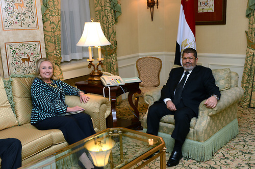 U.S. Secretary of State Hillary Rodham Clinton meets with Egyptian President Mohammed Morsi in New York, New York on September 24, 2012. [State Department photo/ Public Domain]