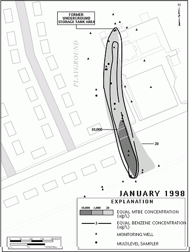 Map showing the location of the fuel leak and the resultant plumes of benzene and MTBE.