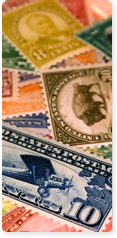 Multiple monochrome stamps, in shades of yellow, blue, red, orange and green, from various time periods, laid atop one another. The stamps have various monetary values, ranging from 8 to 30 cents. They depict various images, including a biplane, a buffalo and a former U.S. President.