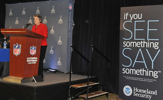 Secretary Napolitano addresses a news conference on DHS partnership with the NFL for security at Super Bowl XLV. Photo courtesy of: CBP