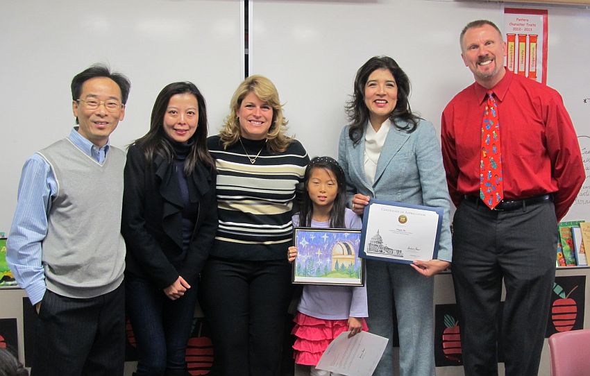 Megan Ho from Pantera Elementary School with her parents, her teacher, Mrs. Unger, the school principal, and a representative from Senator Boxer's office, Yvette Martinez.