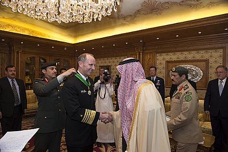 Chief of Naval Operations (CNO) Adm. Jonathan Greenert receives the King Abdulaziz Medal of Excellence from Crown Prince Salman bin Abdulaziz, Deputy Premier and Minister of Defense of the Kingdom of Saudi Arabia, during a counterpart visit to promote continued U.S. support.  U.S. Navy photo by Mass Communication Specialist 1st Class Peter D. Lawlor (Released)  130210-N-WL435-111