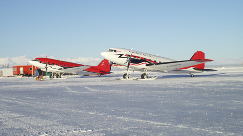 Two U.S. Antarctic Program Basler BT-67 ski-equipped aircraft at McMurdo’s Seasonal Ice Runway (Photo: Nate Peerbolt/US Antarctic Program)