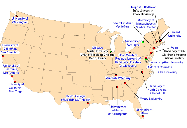 US map of D-FAR and CFAR academic and research institutions