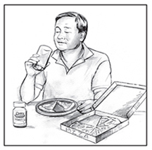 Ilustración de un hombre que toma tabletas de lactasa con la pizza.