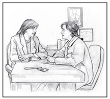 Ilustración de una mujer hablando con el médico.