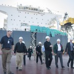 Chief of Naval Operations (CNO) Adm. Jonathan Greenert visits USNS Montford Point (T-MLP-1) at the General Dynamics NASSCO shipyard in San Diego.