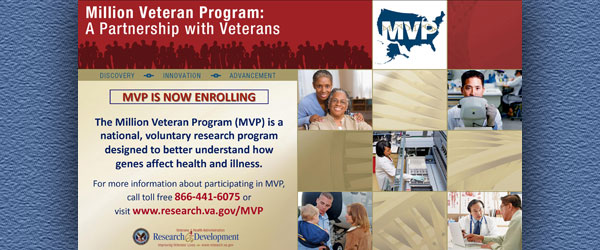 Million Veteran Program Banner with photos of Veterans, clinicians, families and contact information